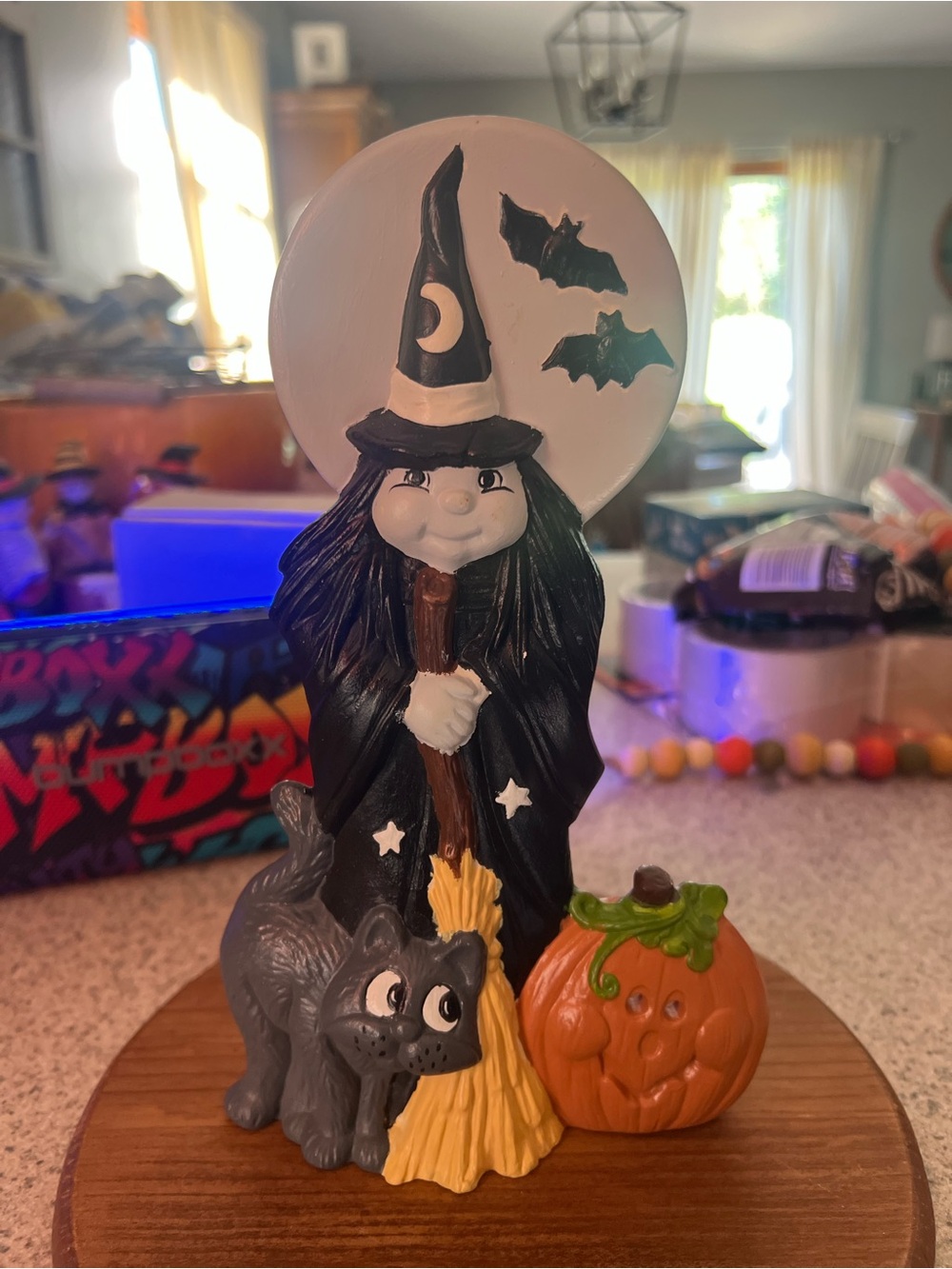 Halloween Witch Figurine with Black Cat and Orange Pumpkin